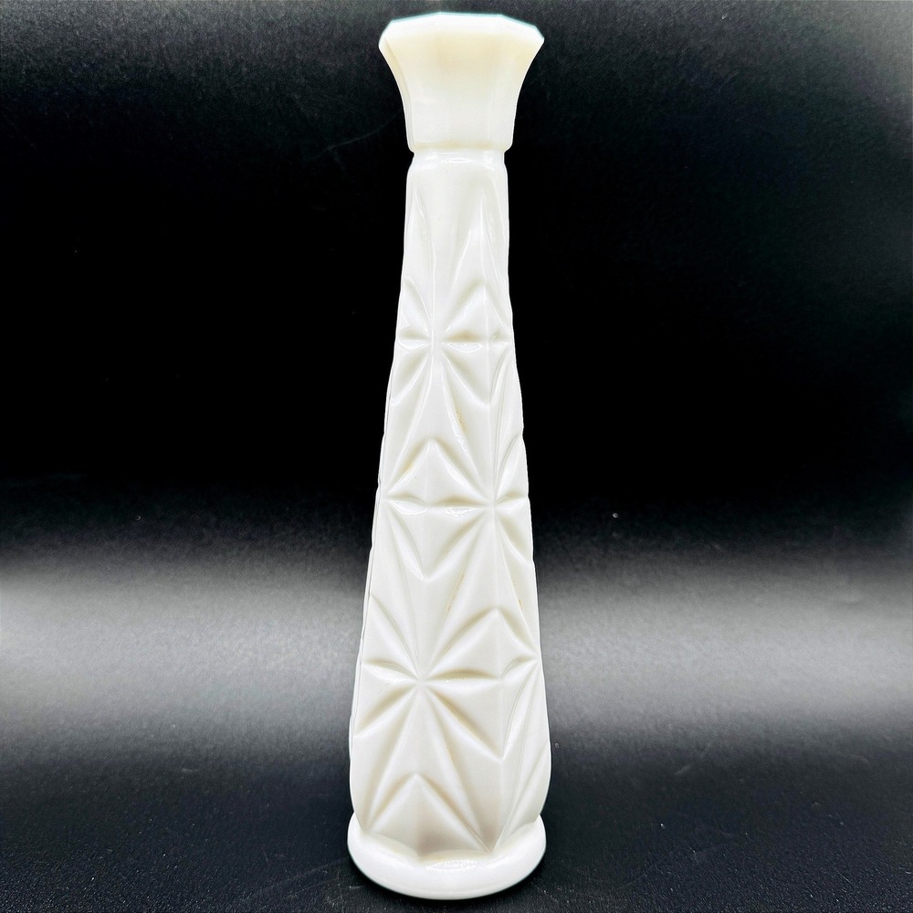 Vintage Hoosier Style Milk Glass Bud Vase Starburst Diamond Pattern Geometric